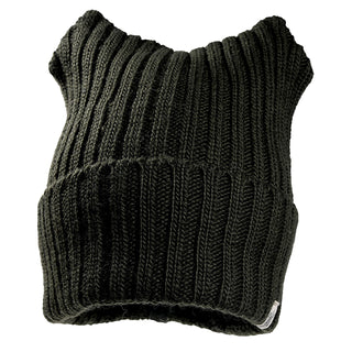 The Ely Hat is a black, ribbed knit hat featuring a square top and two pointed corners that resemble cat ears, shown against a white background.