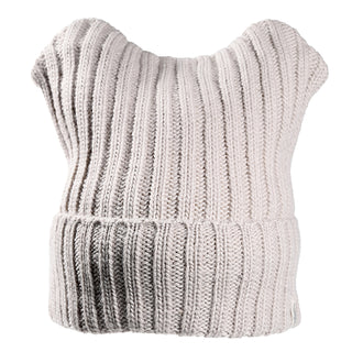 The Ely Hat is a light gray, ribbed knit beanie featuring two pointed cat ear-style corners at the top, shown on a white background.