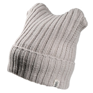 The Ely Hat is a light gray, ribbed knit beanie with two pointed cat ear shapes on top and a small white logo tag sewn near the brim.