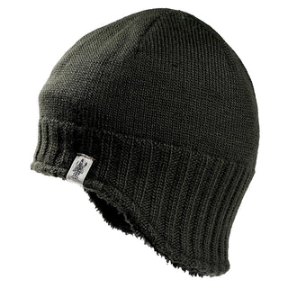 The Dakota Hat is a dark green knit winter beanie featuring a folded ribbed brim, ear flaps, a small white fabric tag on the side, and a soft, fuzzy interior lining.