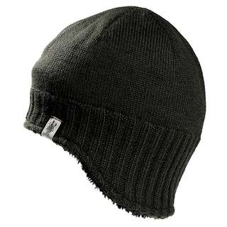 The Dakota Hat is a dark olive green knit beanie with a ribbed lower edge and a small white tag on the side, displayed against a white background.