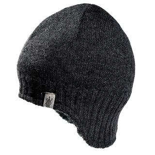 The Dakota Hat is a dark gray knitted beanie featuring a folded ribbed edge and a small rectangular tag on the side, shown against a white background.