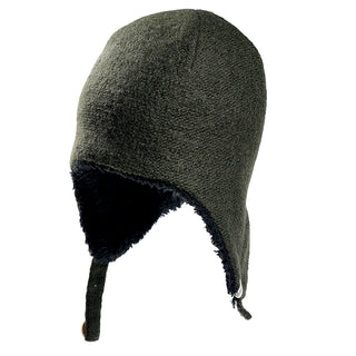 The Doris Hat, a green winter hat with fleece lining, ear flaps, and a chin strap, is shown against a white background. Its dark, soft inner lining provides extra warmth.