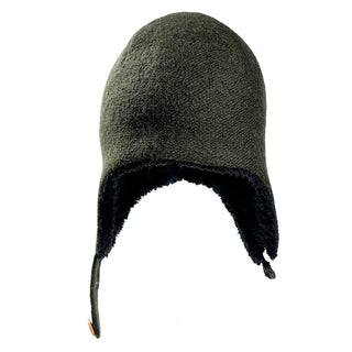 The Doris Hat is a dark green fleece winter hat with ear flaps and a chin strap, lined inside with soft black fuzzy material for warmth, shown against a plain white background.