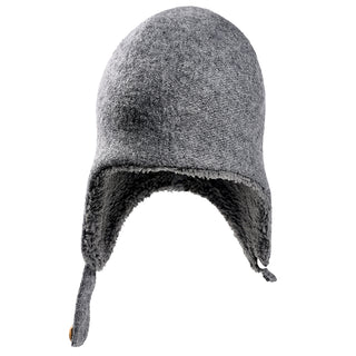 The Doris Hat is a gray winter hat featuring ear flaps, a soft textured fuzzy lining, and a strap hanging from one flap for added warmth.