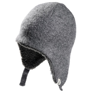 The Doris Hat is a gray winter hat with ear flaps and a chin strap, made of soft fleece-like material on the outside and lined with darker textured fabric inside.