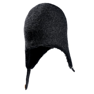 The Doris Hat is a dark gray woolen hat featuring a rounded crown, extended ear flaps, a textured surface, and a strap hanging from one ear flap. It is displayed against a plain white background.
