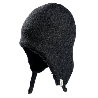 The Doris Hat is a dark gray ear flap hat with a soft, fuzzy texture, a secure chin strap, and a small white tag near the bottom edge, displayed against a white background.