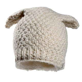 The Bear Ear Beanie is a cream-colored, chunky knit hat featuring two bear ear-like points, shown on a white background.
