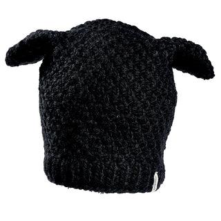 The Bear Ear Beanie is a black crocheted hat featuring two small bear-like ears, shown against a white background.