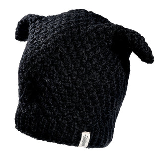 The Bear Ear Beanie is a black, chunky knit hat featuring two small, pointed bear ears on top and a white logo tag on the ribbed edge. Shown against a white background.