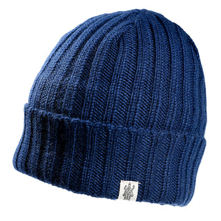 The Clyde Rib Fold Cap is a blue ribbed knit beanie with a folded cuff and a small white logo tag on the brim, shown against a white background.