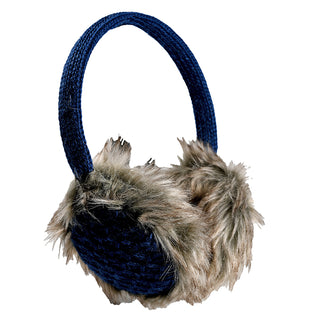 The Linda Earmuffs feature a knitted dark blue headband and light brown faux fur ear coverings, shown against a white background.