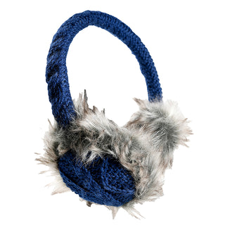 Cable Knit Adjustable Earmuffs With Faux Fur, featuring a blue cable knit design and furry gray lining on the ear covers, isolated on a white background.