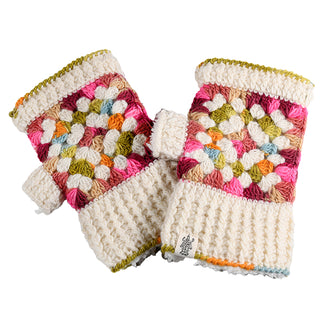 The Ryan Handwarmers are fingerless mittens with a crochet design of multicolored squares in pink, green, white, orange, and yellow. They feature ribbed cuffs and a small tag attached.