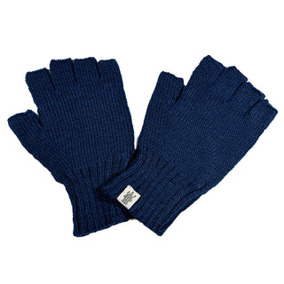 A pair of Striped and Solid Fingerless Gloves in dark blue Merino wool, featuring a ribbed pattern and a small white tag on the wrist of one glove.