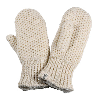 The Kent Mittens are cream-colored and knitted with a textured pattern and ribbed cuffs, shown overlapping on a white background.