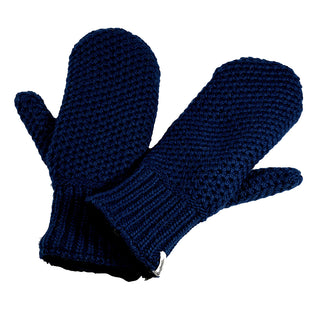 A pair of Kent Mittens in dark blue with a textured knit pattern, one mitten lying flat and the other slightly overlapping.