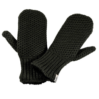The Kent Mittens are black, knitted mittens featuring a textured pattern and ribbed cuffs, shown against a white background.