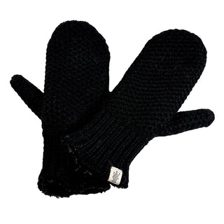 A pair of Kent Mittens in black, featuring a ribbed cuff and a small white fabric tag near the wrist, are stacked on a plain white background.