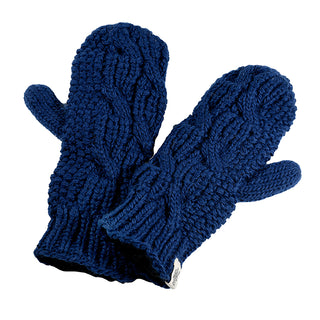 Side Cable Knit Mittens in dark blue, crafted from soft merino wool, laid flat on a white background—perfect women's mittens for cozy winter days.