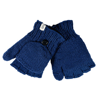 Fingerless Gloves With Button Flap and Fleece Lining: blue convertible wool gloves with a flap and button, wear as mittens or leave open for finger movement—perfect versatile and warm winter gloves.
