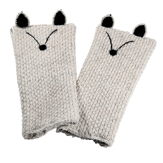 A pair of beige knit Fox Legwarmers featuring black embroidered noses, V-shaped whisker lines, and black inner ear patches, designed to resemble animal faces.