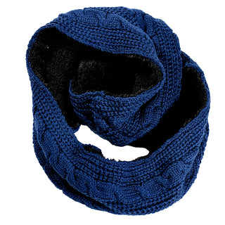 The Trinitas Sherpa Lined Infinity Scarf is a blue, cable-knit design with cozy sherpa fleece lining, shown in a loose circular shape on a white background.