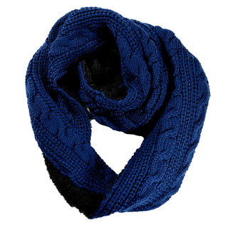 The Trinitas Sherpa Lined Infinity Scarf features a navy blue cable knit design with a cozy sherpa fleece lining, shown arranged in a circle on a white background.