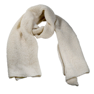 The Ithaca Scarf, in a cream hue, is displayed on a white background with one end looped over the other, showcasing its distinct knitted texture.
