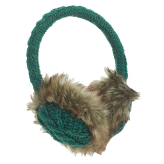 Introducing the Cable Knit Adjustable Earmuffs With Faux Fur — a stylish pair of green earmuffs that feature fuzzy brown and beige faux fur lining on the ear coverings. The headband and outer part are adorned with green knitted fabric, making them both cozy and chic for winter.