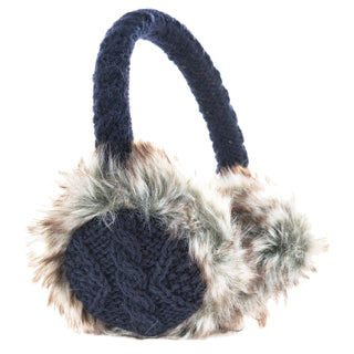 Introducing the Cable Knit Adjustable Earmuffs With Faux Fur: These wool winter earmuffs feature a thick, dark blue knitted band and cable knit ear covers, surrounded by soft, grayish-brown faux fur trim for extra warmth. The adjustable design ensures the perfect fit every time.