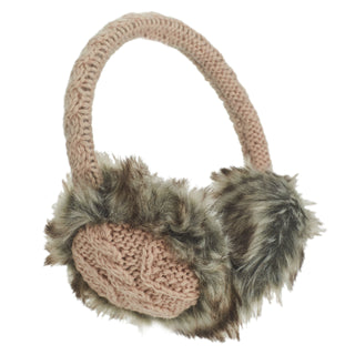 The Cable Knit Adjustable Earmuffs With Faux Fur feature a light brown cable knit band and faux fur-lined earpieces in a blend of brown and gray tones. These wool winter earmuffs combine warmth and style, making them ideal for cold weather.