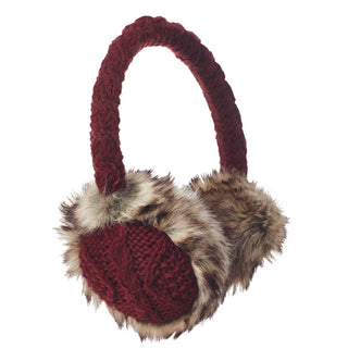 A pair of Cable Knit Adjustable Earmuffs With Faux Fur featuring a red cable knit adjustable headband and faux fur-covered ear pads. The brown ear pads have a mix of darker and lighter fur accents, perfectly combining the knitted construction with luxurious faux fur textures.