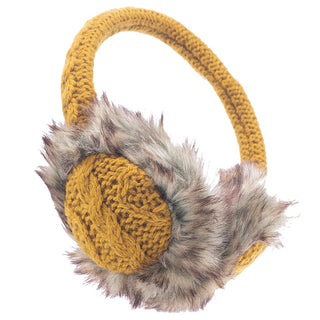 Introducing the Cable Knit Adjustable Earmuffs With Faux Fur. These wool winter earmuffs feature a mustard yellow cable knit fabric covering both the cups and headband. The outer part of the ear covers has shaggy gray and brown faux fur for added warmth.