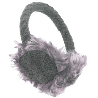 The Cable Knit Adjustable Earmuffs With Faux Fur feature gray knitted earmuffs with fluffy faux fur ear coverings. The headband showcases a cable knit texture, while the ear coverings blend knitting and faux fur. These adjustable earmuffs are meticulously designed to provide warmth and comfort during chilly winter days.