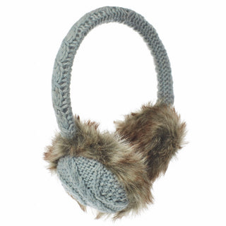 A pair of Cable Knit Adjustable Earmuffs With Faux Fur, featuring a light blue-gray cable knit headband and fluffy brown and gray faux fur ear coverings on the outside. The design seamlessly blends knitted and furry textures for warmth, comfort, and a cozy winter accessory.