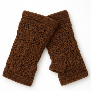 A pair of Flower Crochet Handwarmers featuring a floral pattern in brown yarn, shown overlapping on a white background.