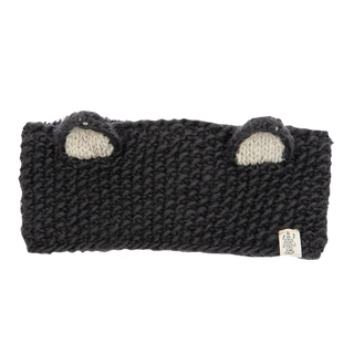 The Ears Headband, handmade in Nepal from 100% black wool, showcases small, rounded beige patches on the top that resemble animal ears. A small tag with a unique design is sewn onto the edge, all set against a plain white background.
