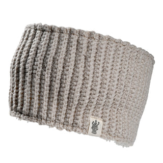 The Mandy Headband is a thick, light gray knit headband with a ribbed texture and a small rectangular logo tag on the edge.