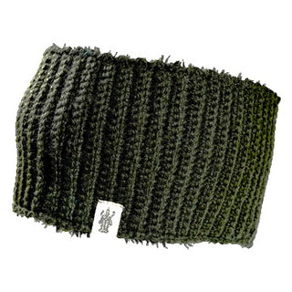 The Mandy Headband is a dark green ribbed knit with a fuzzy texture and a small white tag featuring a black graphic logo sewn on the front.