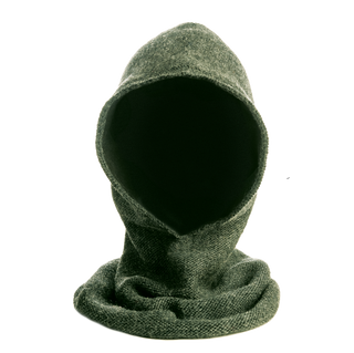 The Roll Hood, in dark green textured wool with a fleece lining and attached neck drape, is displayed upright on a neutral background. Its empty form reveals a black interior, with no face or head inside.