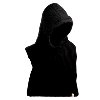 A Bibbed Hood in black is displayed against a plain background. The hood is pulled up, and the image focuses solely on the garment itself, without anyone wearing it. There is a small white tag positioned near the bottom edge on the left side.
