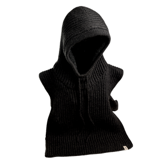 The image features the Bibbed Hood, a black knitted hooded neck warmer with a ribbed texture. The hood includes drawstrings and is designed to provide warmth around both the head and neck. It is displayed against a black background.