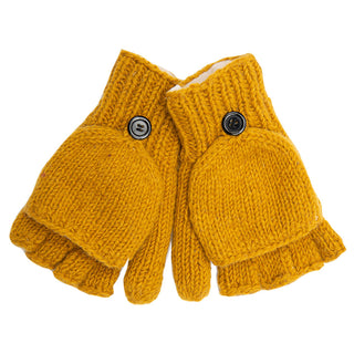 A pair of Fingerless Gloves With Button Flap and Fleece Lining in yellow features a knitted design with a thick, warm texture perfect for winter. Each glove has a button that secures the mitten flap when not in use.