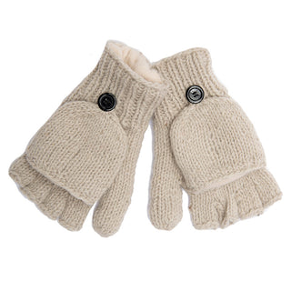 The Fingerless Gloves With Button Flap and Fleece Lining are a pair of beige knitted mittens, shown against a white background, featuring a button on the back. These convertible wool fingerless gloves have a flap design that transforms them into cozy winter gloves, making them perfect for chilly days.