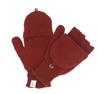 Two Bryant Fingerless Gloves with Flap in red are positioned next to each other. The left glove has its flap covering the fingers, while the right glove reveals the wool fingerless sections. A small tag is visible on one of the gloves.