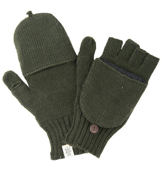 A pair of Bryant Fingerless Gloves w/ Flap in green. One glove is displayed with the mitten flap covering the fingers, while the other glove has its mitten flap folded back to reveal the wool fingerless glove beneath. A small button can be seen on the back of each convertible mitten.