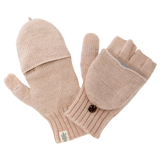 The Bryant Fingerless Gloves w/ Flap are a pair of beige convertible mittens that easily transform into wool fingerless gloves. They feature ribbed cuffs, a button closure on the flap, and are made of knitted material. A small tag with a rabbit logo is attached to one of the cuffs, making them perfect for winter.