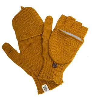 The Bryant Fingerless Gloves w/ Flap are a pair of golden yellow, knitted wool mittens that effortlessly convert into fingerless gloves with a convenient flap. One mitten is shown open, revealing the fingerless design, while the other is closed with the flap securely buttoned down – making them the perfect versatile gloves for winter warmth.